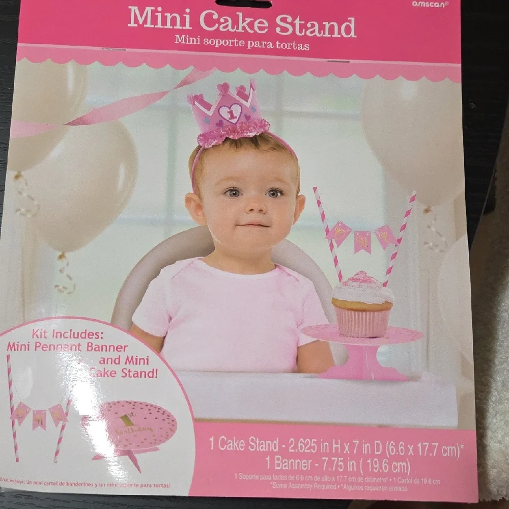 Amscan Pink Mini Cake Stand with Pennant Banner and Striped Straws